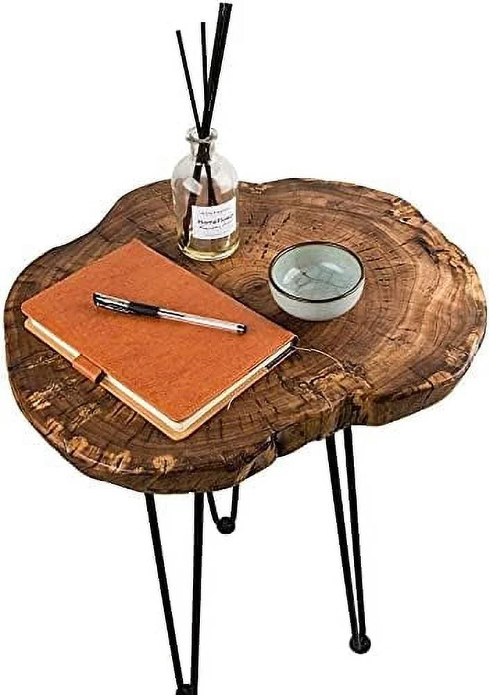 Round Accent Table Old Elm Wood End Table with 3-Leg Metal Stand A7334
