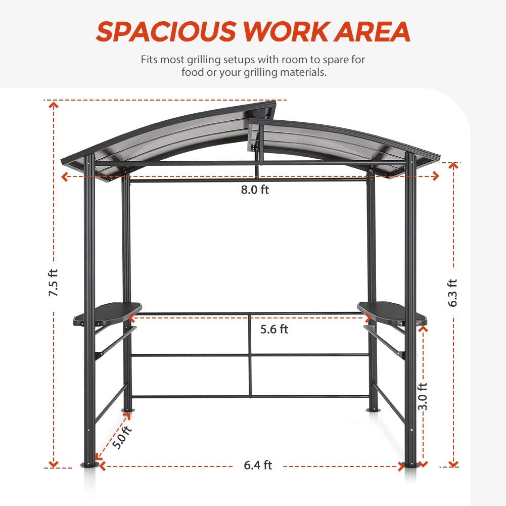 8'x5' Steel Frame Double-Tier Polycarbonate Top Grill Gazebo with Shelves H17904