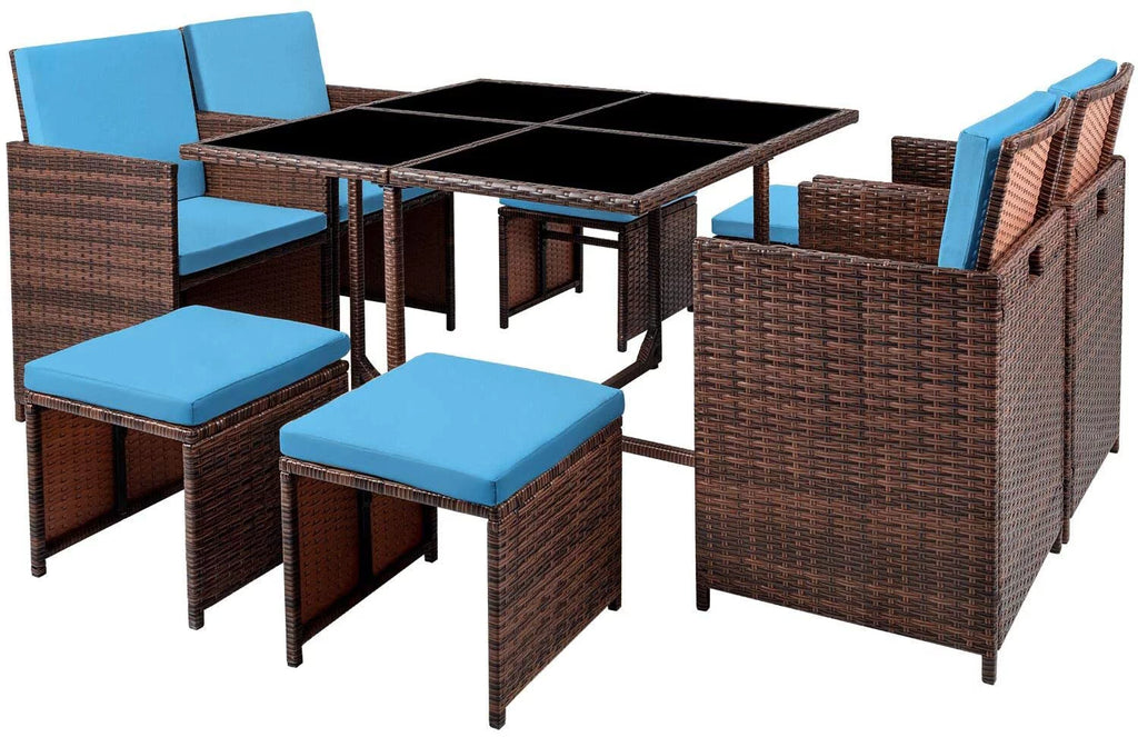 9 Pieces Outdoor Dining Set Wicker Chairs with Glass Table F758