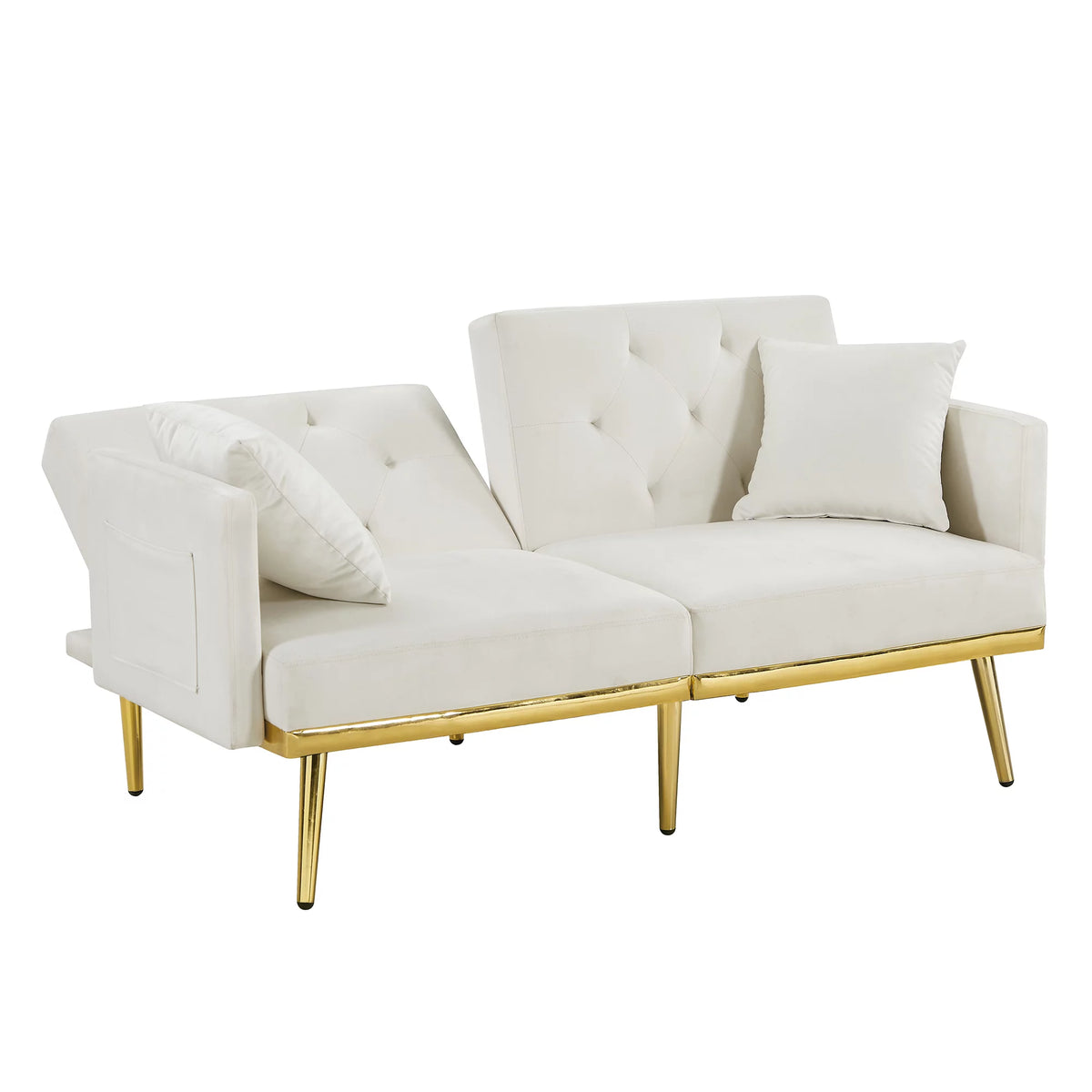 White Velvet Futon Sofa Bed with Gold Metal Legs K72343