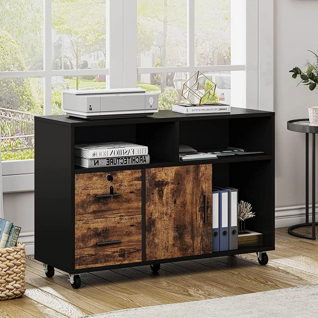Wood 2 Drawer Mobile File Cabinet with Open Storage Shelves S5031