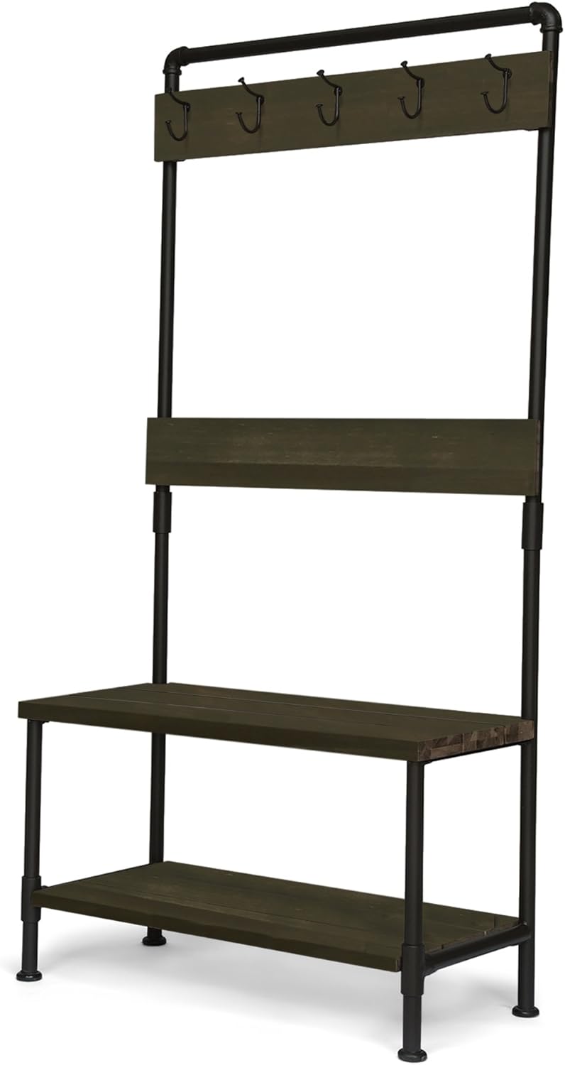 Acacia Wood Bench with Shelf and Coat Hooks H2123