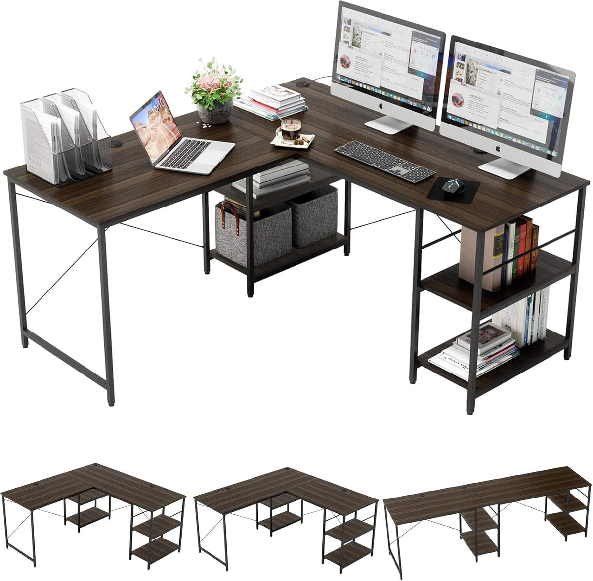L Shaped Gaming Desk with Shelves 95.2 Inch Reversible Corner Computer Desk Y640