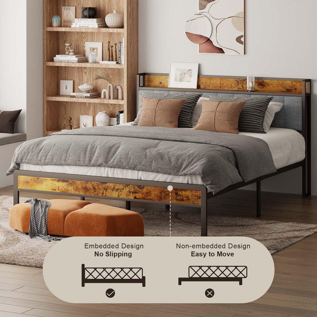 Queen Bed Frame with Storage Headboard, Dark Grey O193158