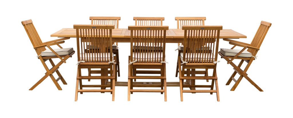 9 Piece Teak Wood Patio Dining Set with Extension Table and Folding Chairs C9750