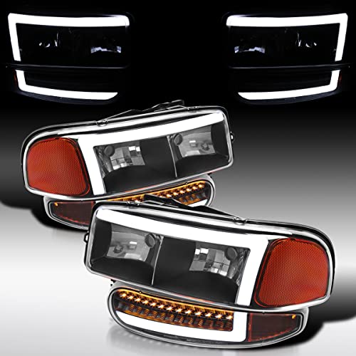 Compatible with 2000-2006 GMC Sierra Denali Black Smoke LED Tube Headlights + Sequential Bumper Lights Q282434