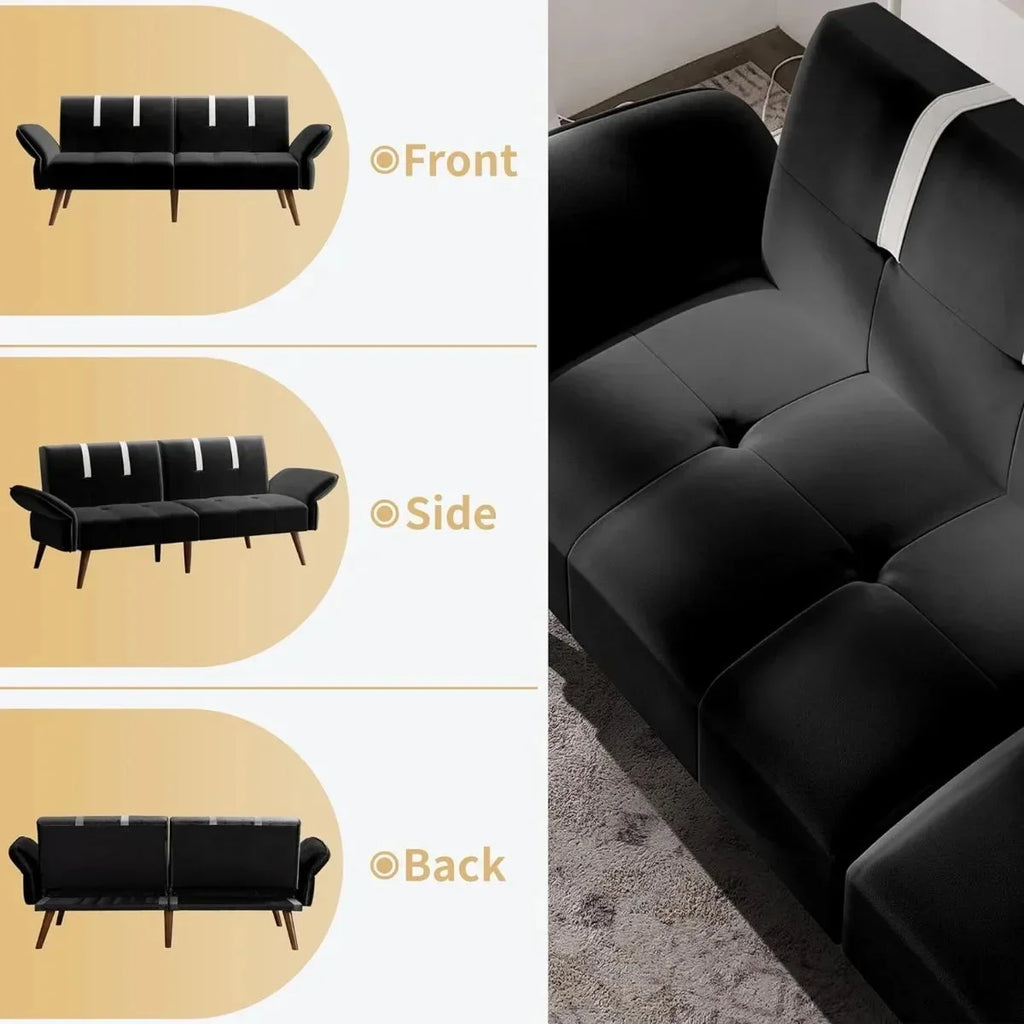 Black Velvet Sofa Bed with Adjustable Armrests C8082