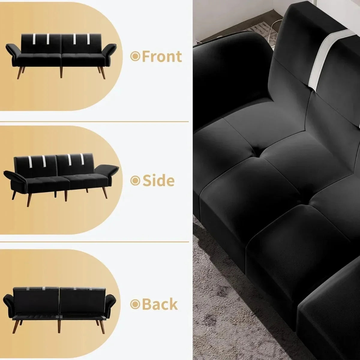 Black Velvet Sofa Bed with Adjustable Armrests C8082