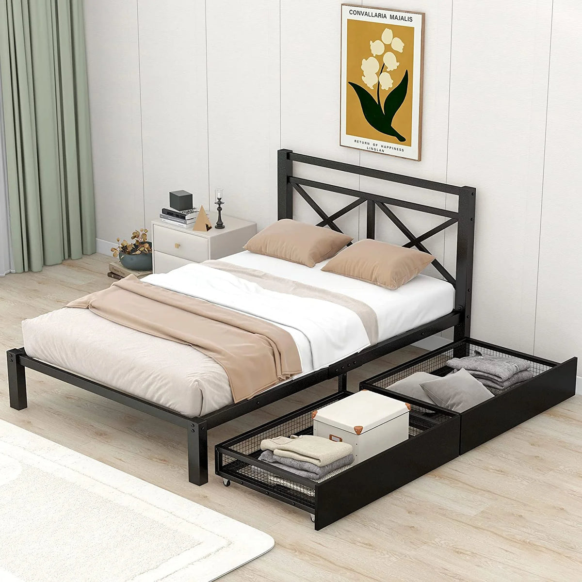 Platform Bed with 2 Storage Drawers Metal Headboard M67957
