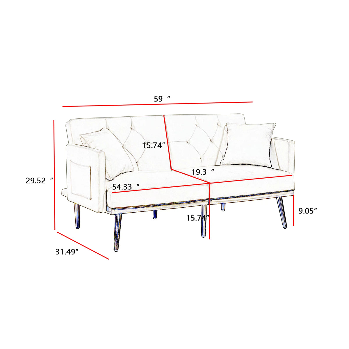 White Velvet Futon Sofa Bed with Gold Metal Legs K72343