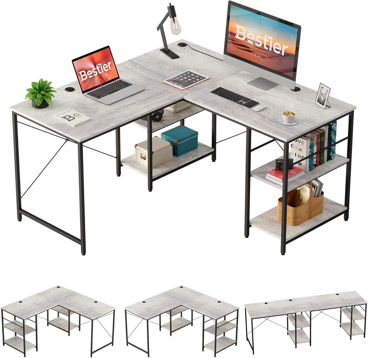 L Shaped Gaming Desk with Shelves 95.2 Inch Reversible Corner Computer Desk Y640
