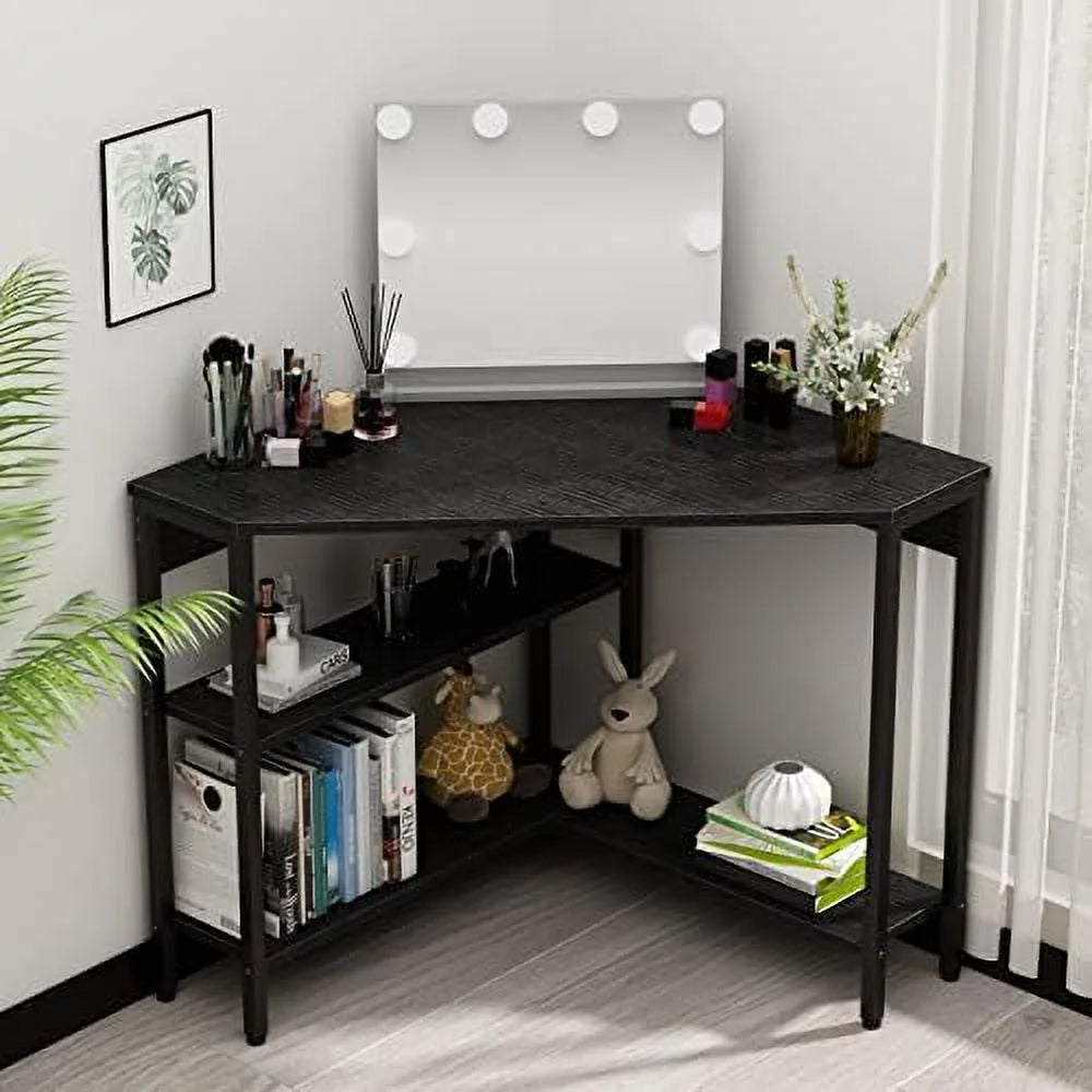 Black Corner Desk with Outlets USB Ports Shelves Q470