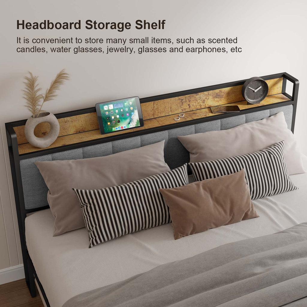 Queen Bed Frame with Storage Headboard, Dark Grey O193158