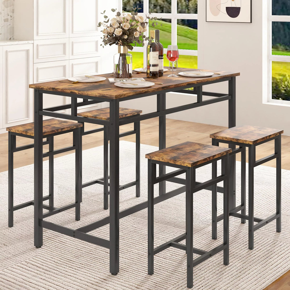 5 Piece Wooden Metal Dining Table and Stools Set A674
