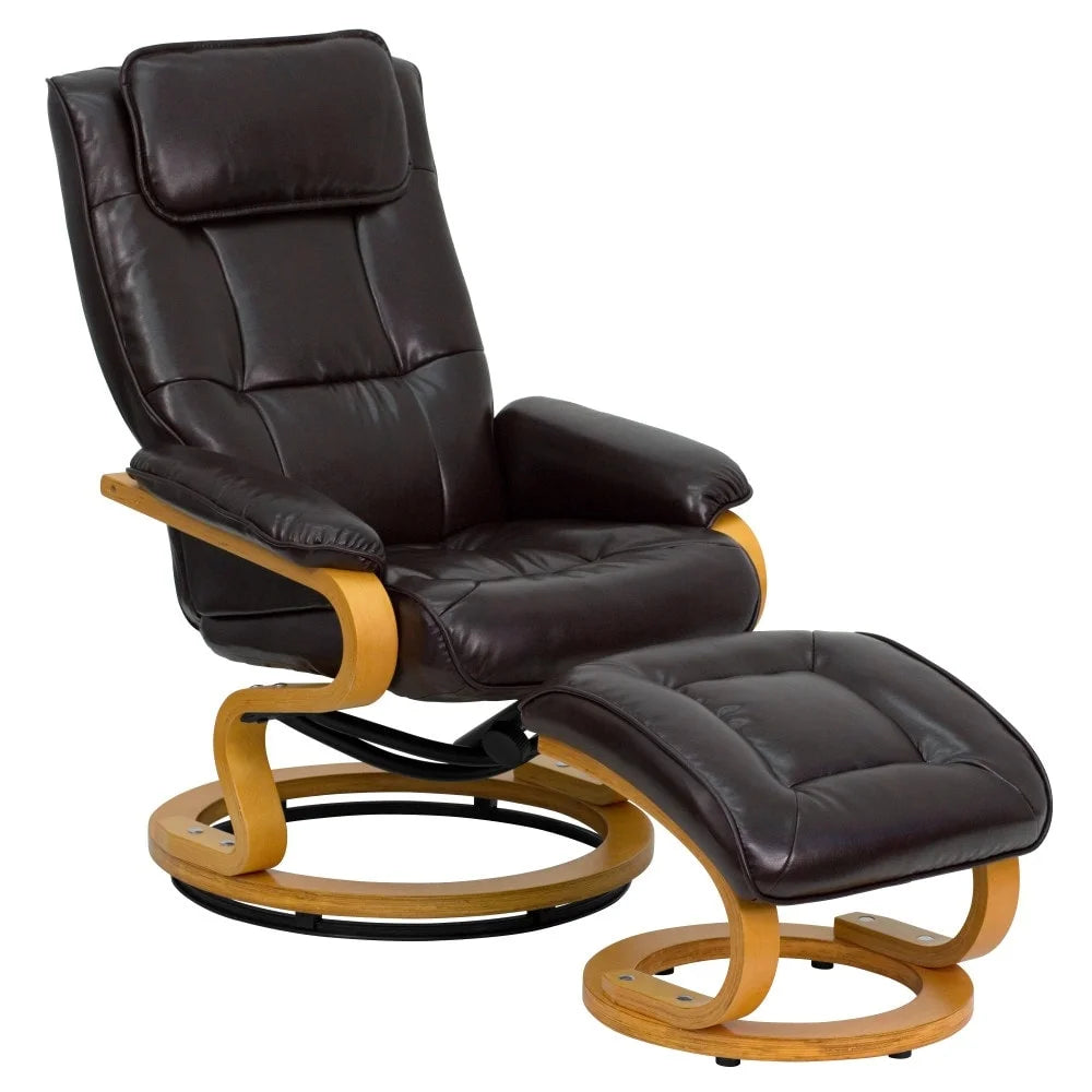 Brown Pushback Recliner and Ottoman with Swivel Wood Base D98378