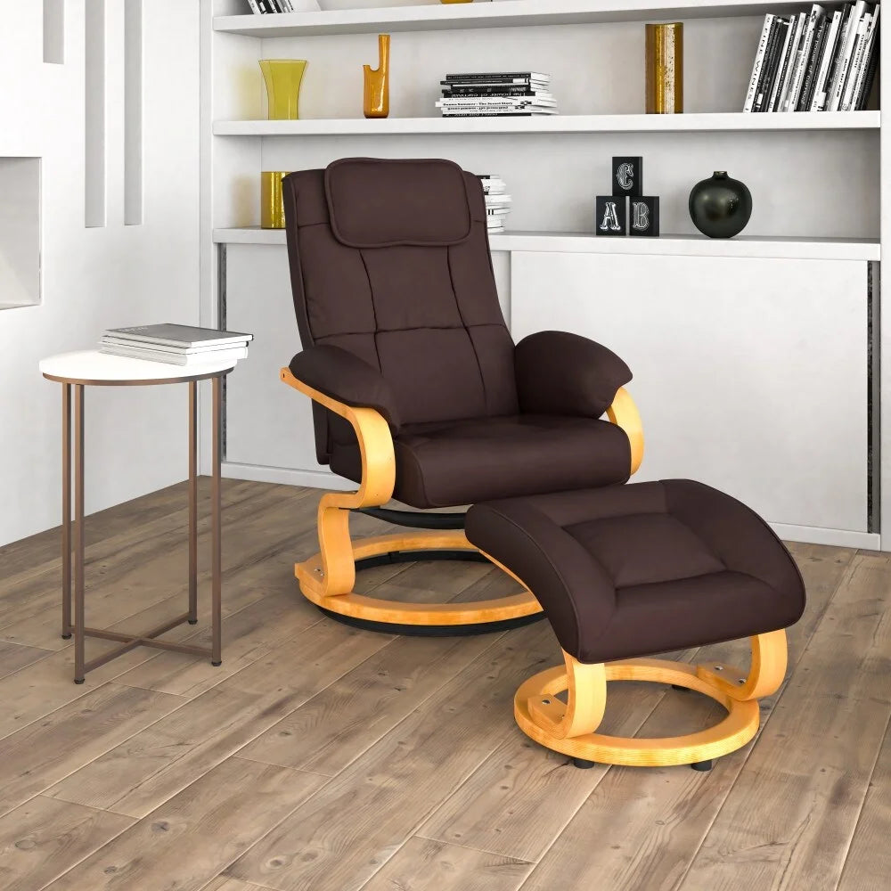 Brown Pushback Recliner and Ottoman with Swivel Wood Base D98378