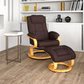 Brown Pushback Recliner and Ottoman with Swivel Wood Base D98378