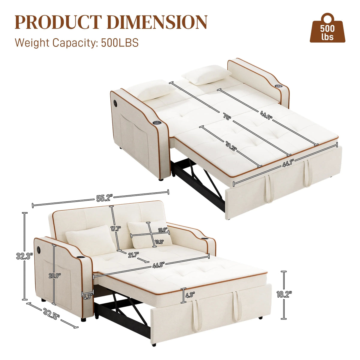 3 in 1 Convertible Sleeper Sofa Couch with Pullout Bed D7625