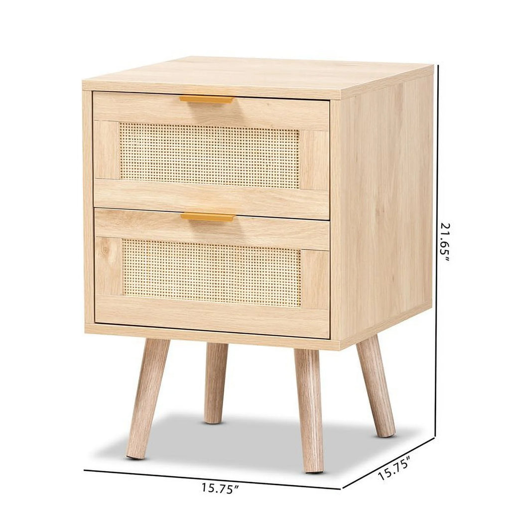 Light Oak Brown Wood and Rattan 2-Drawer Nightstand B6947