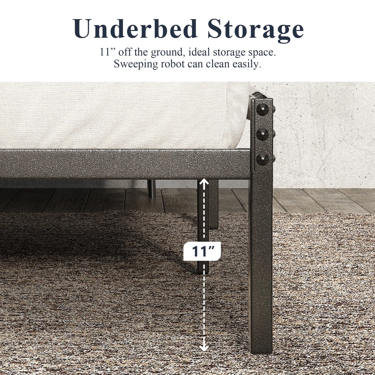Queen Size Brown Metal Platform Bed Frame with Wooden Headboard J32633