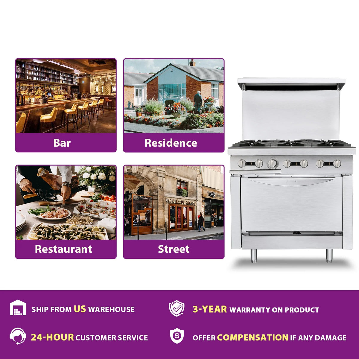 36 Commercial Gas Range Stove with 6 Burner 4.8 Cu.Ft Oven P7042
