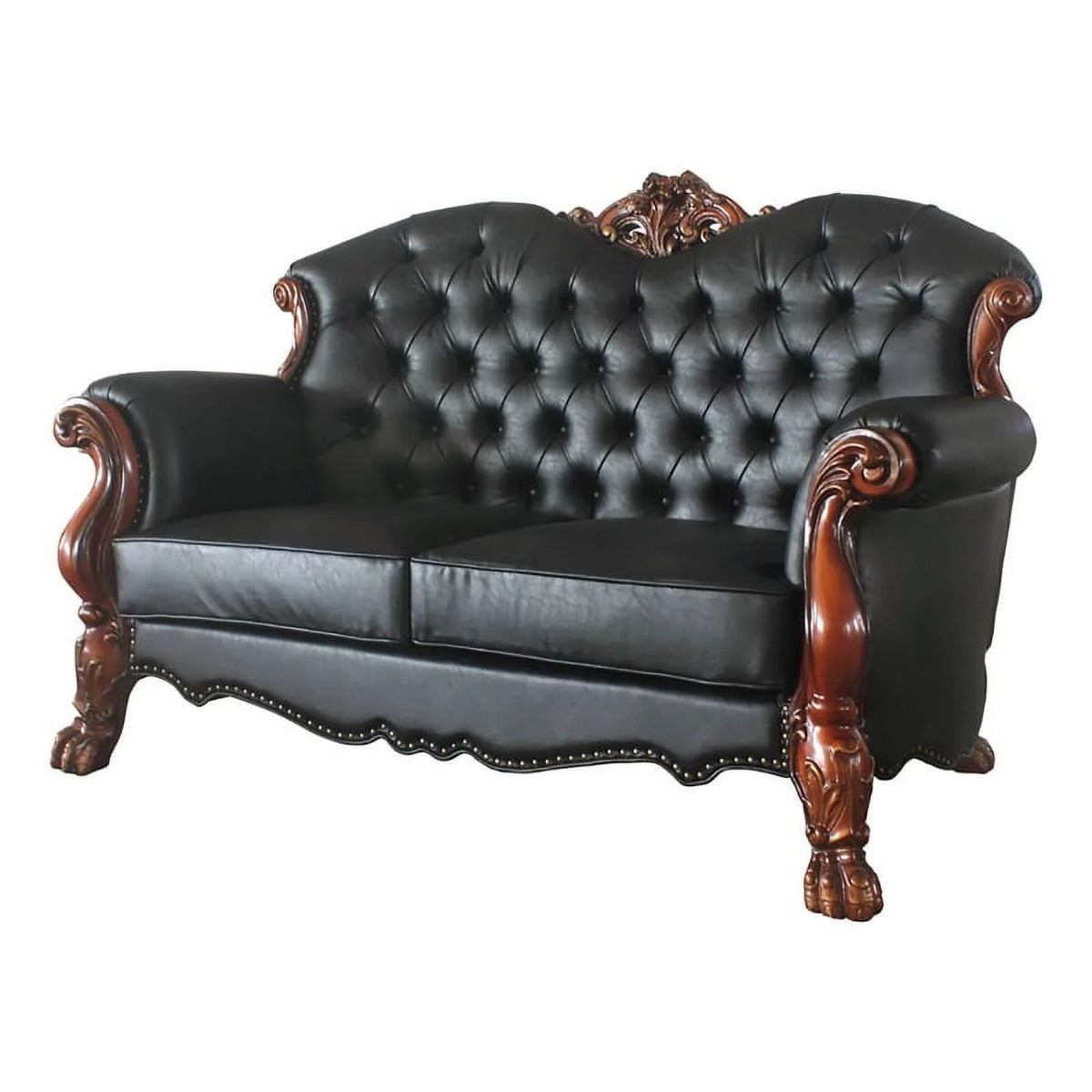 Black Faux Leather Wood Loveseat with 3 Pillows J53368