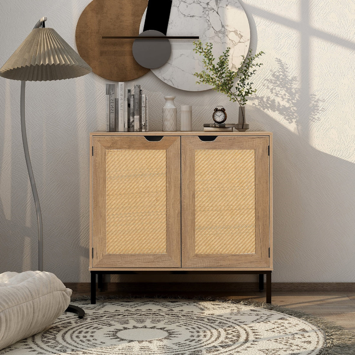 Set of 2 Natural Wood Storage Cabinet with 2 Rattan Doors Y2900