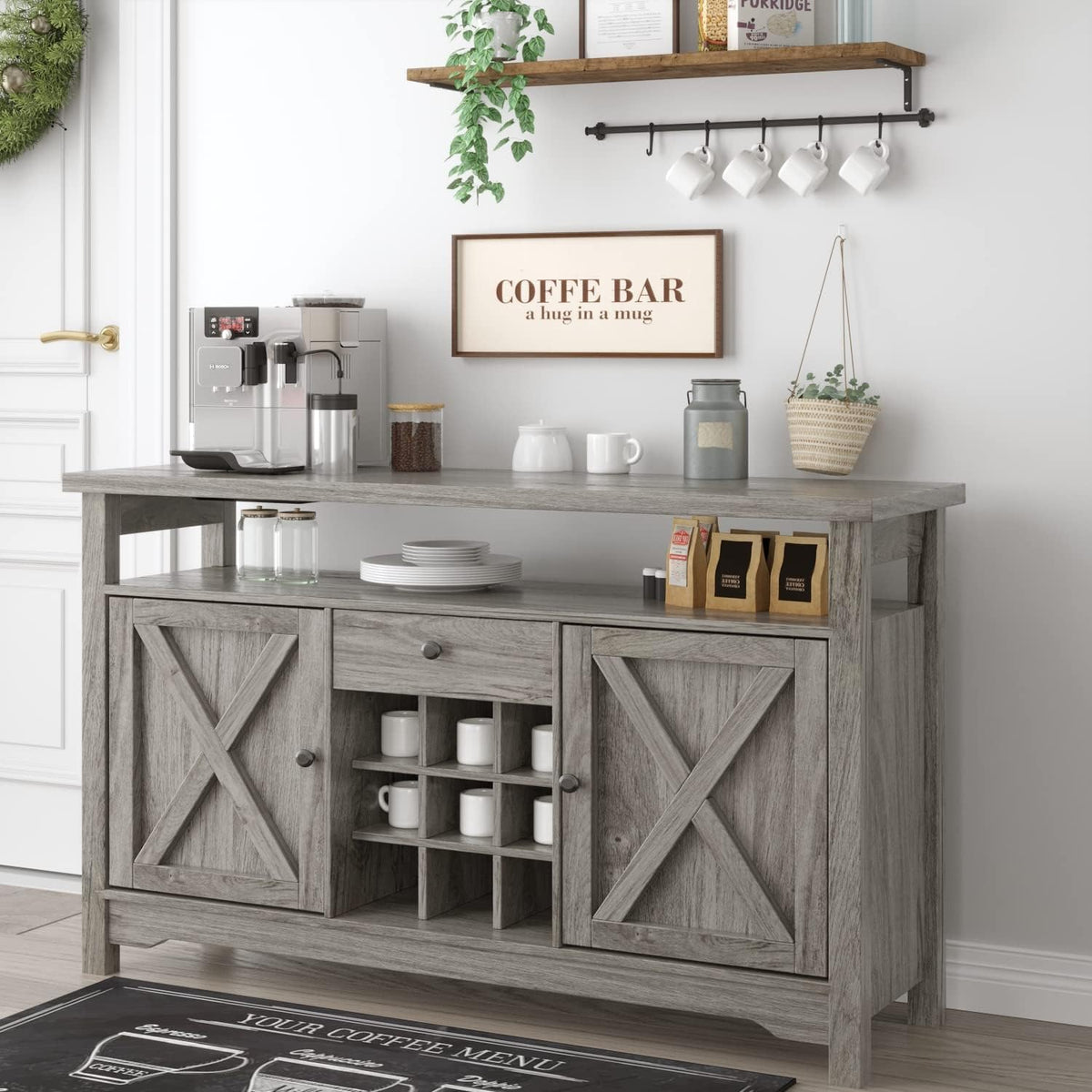 White 47” Kitchen Buffet Storage Cabinet with Barn Door Q12203