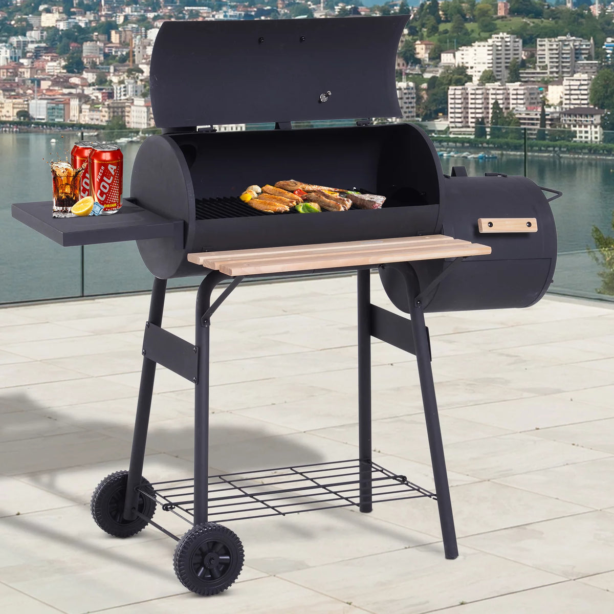 48" Steel Portable Charcoal BBQ Grill and Offset Smoker Combo with Wheels X9570