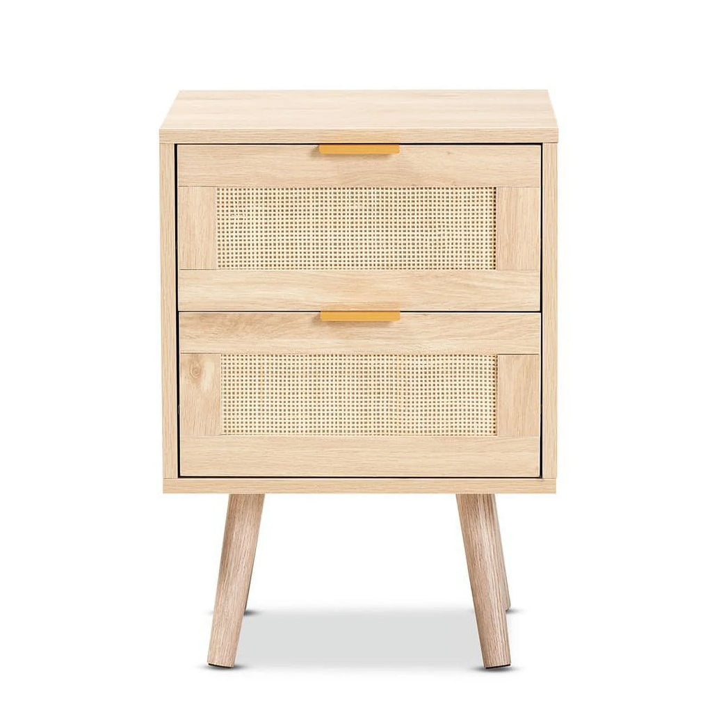 Light Oak Brown Wood and Rattan 2-Drawer Nightstand B6947