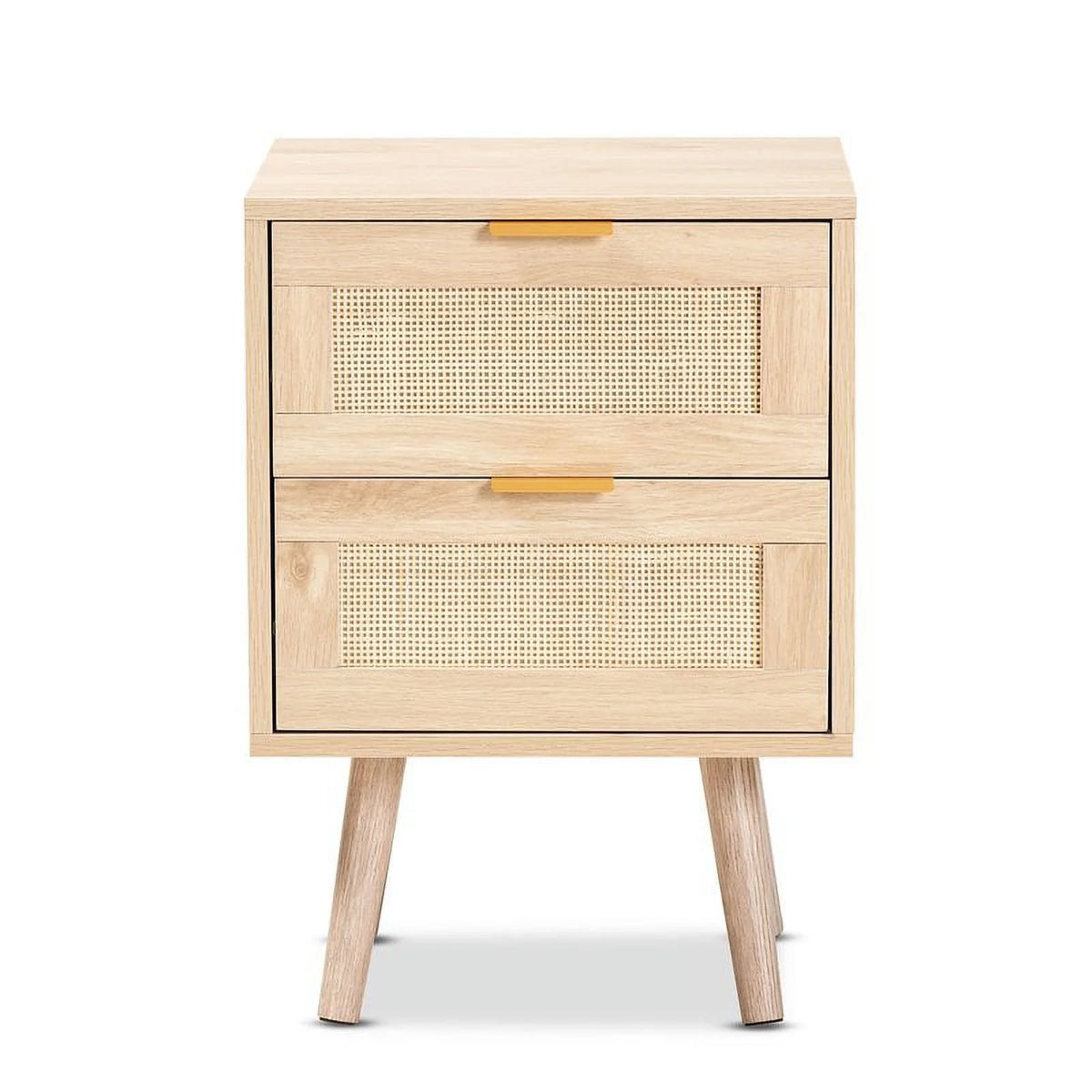 Light Oak Brown Wood and Rattan 2-Drawer Nightstand B6947