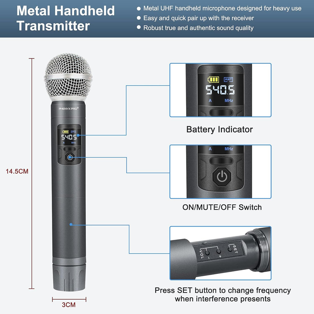 UHF Wireless Microphone System, 30 Adjustable Frequencies, Handheld/Bodypack/Headset/Lapel Mic Set with Case W135