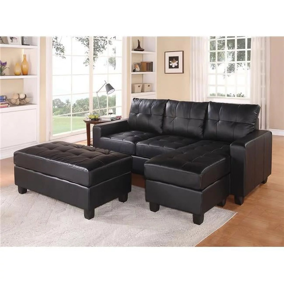Black Bonded Leather Match Sectional Sofa with Ottoman Y958