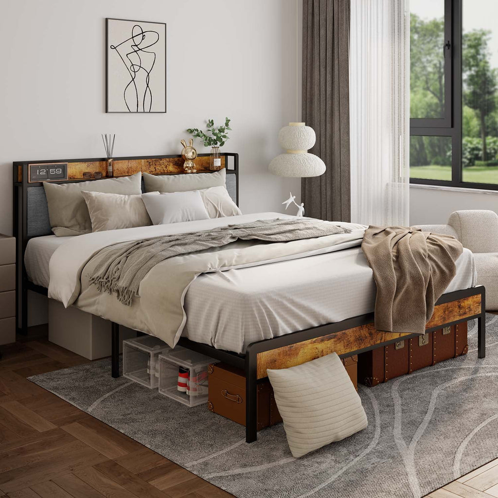Queen Bed Frame with Storage Headboard, Dark Grey O193158