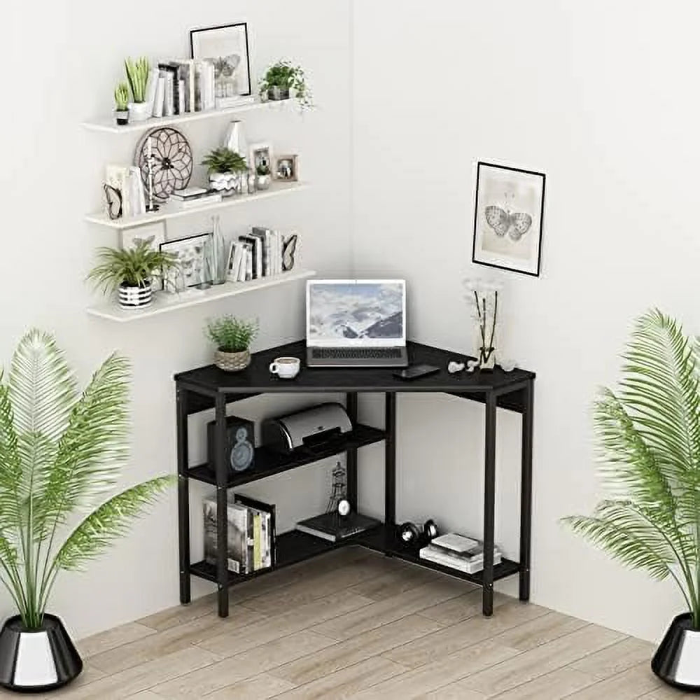 Black Corner Desk with Outlets USB Ports Shelves Q470