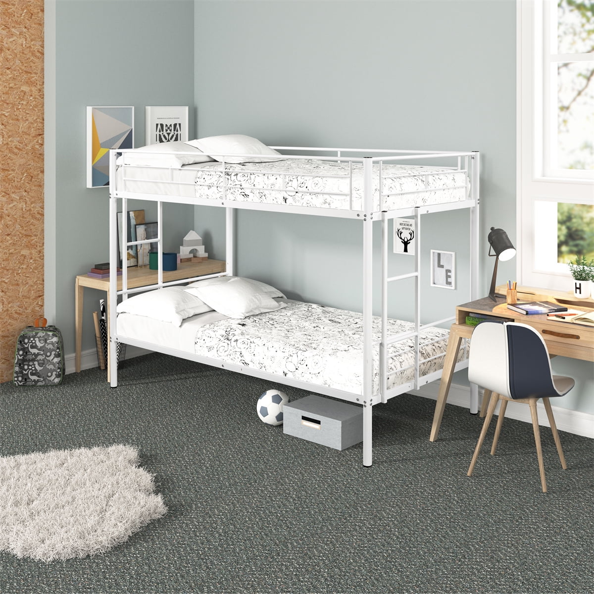 White Twin Over Twin Metal Bunk Bed with Ladders I9351
