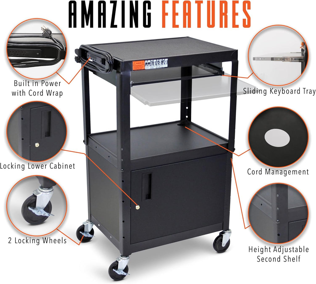 Black Height Adjustable AV Cart with Locking Cabinet I86542