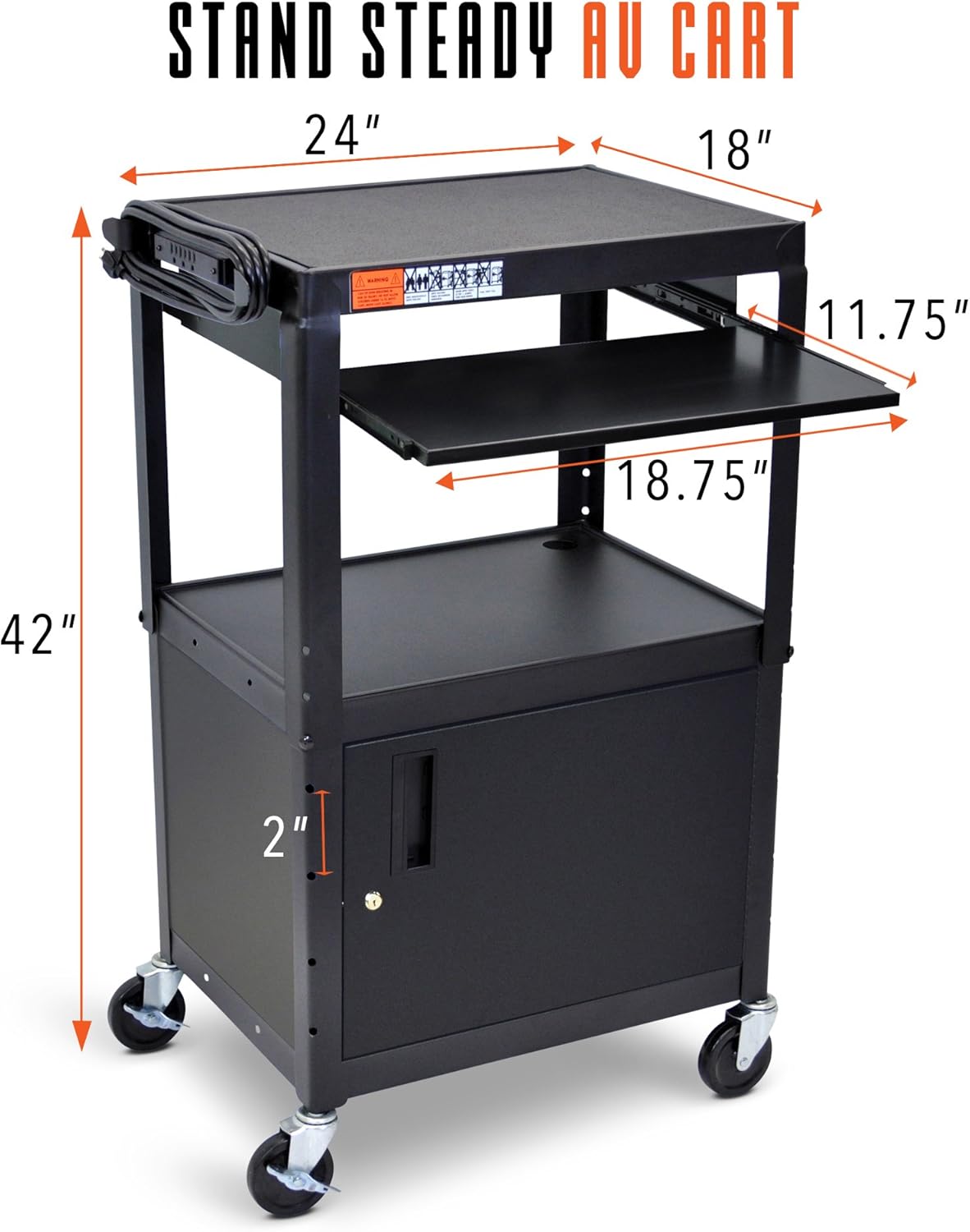 Black Height Adjustable AV Cart with Locking Cabinet I86542