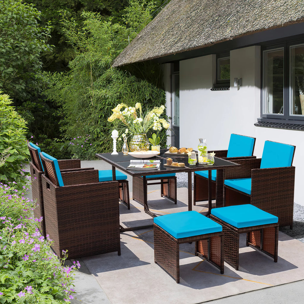 9 Pieces Outdoor Dining Set Wicker Chairs with Glass Table F758