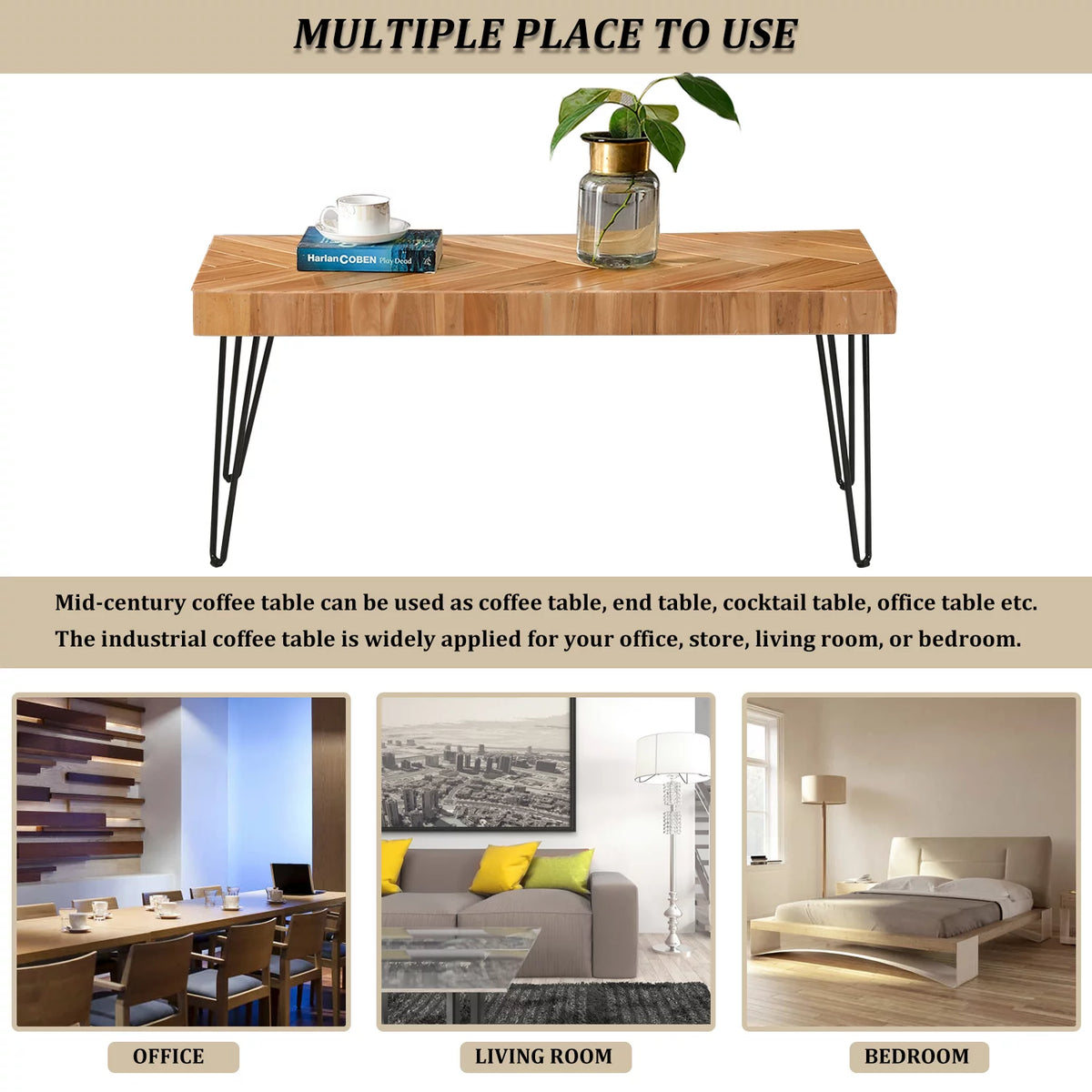 Modern Coffee Table with Chevron Pattern and Metal Hairpin Legs R307