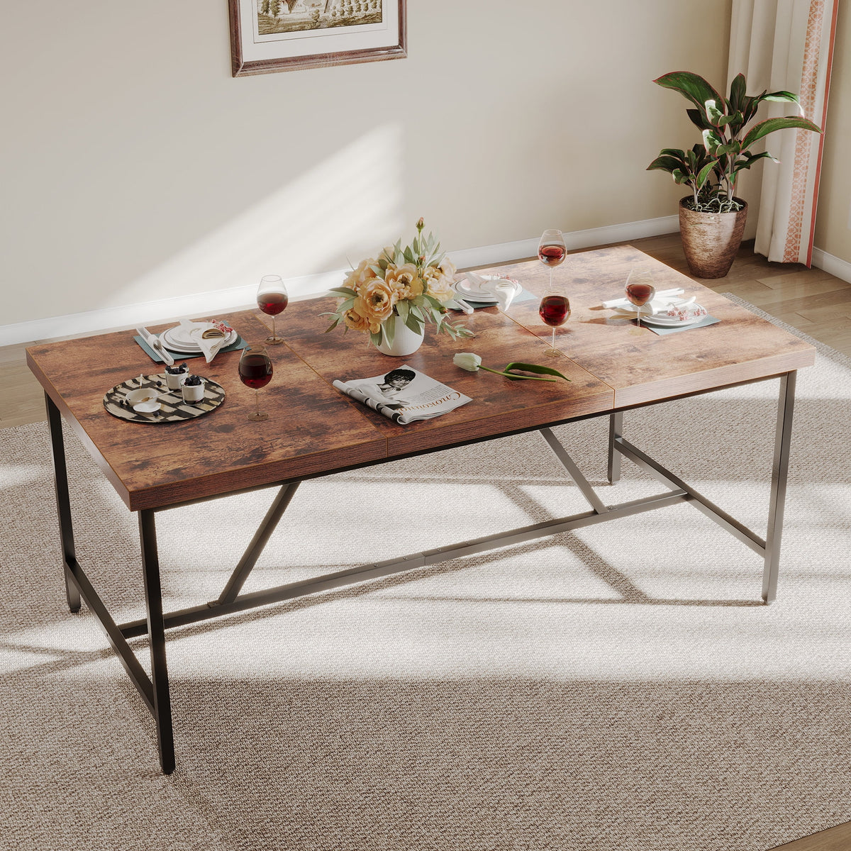 71" Large Farmhouse Dining Table with Trestle Base I788