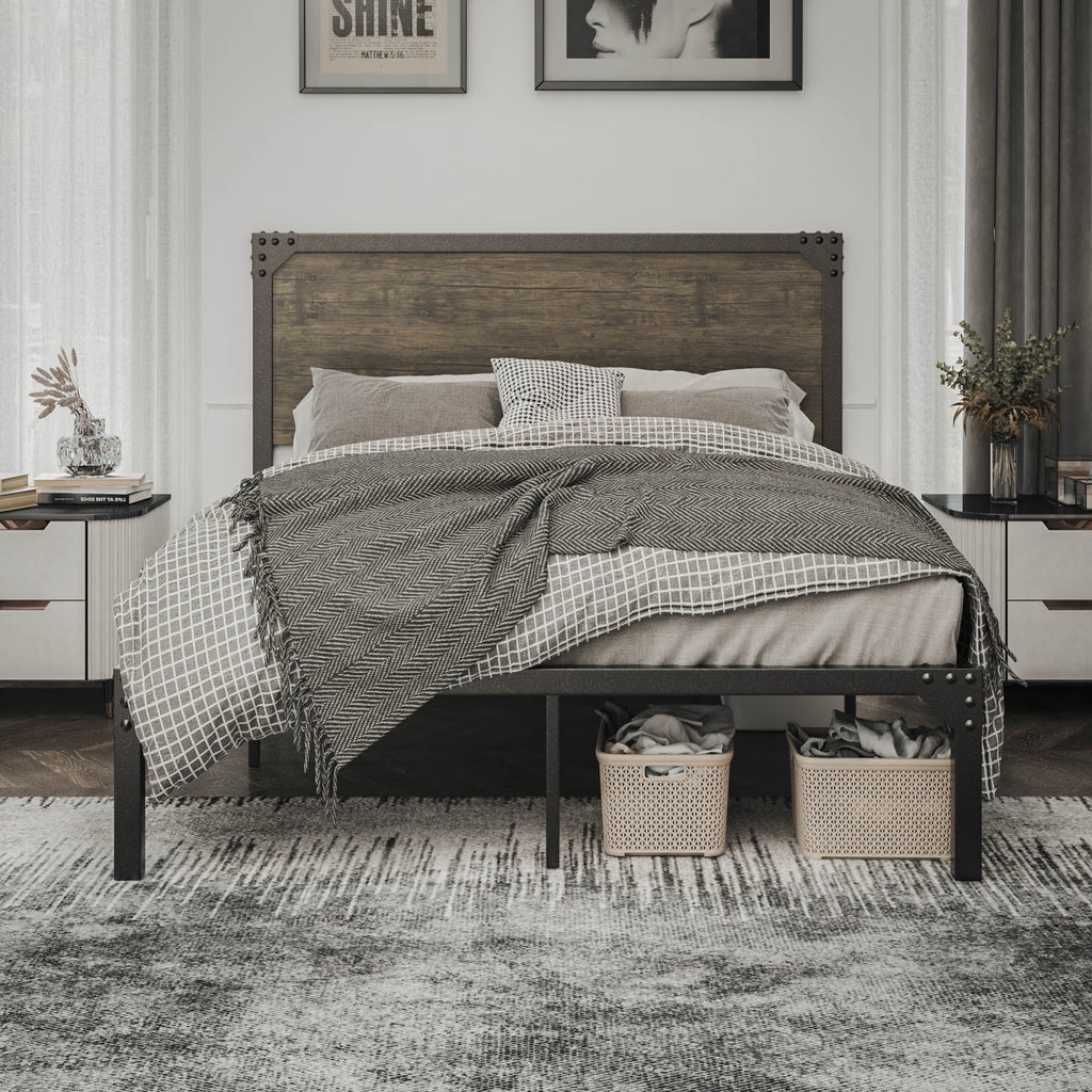 Queen Size Brown Metal Platform Bed Frame with Wooden Headboard J32633