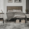 Queen Size Brown Metal Platform Bed Frame with Wooden Headboard J32633