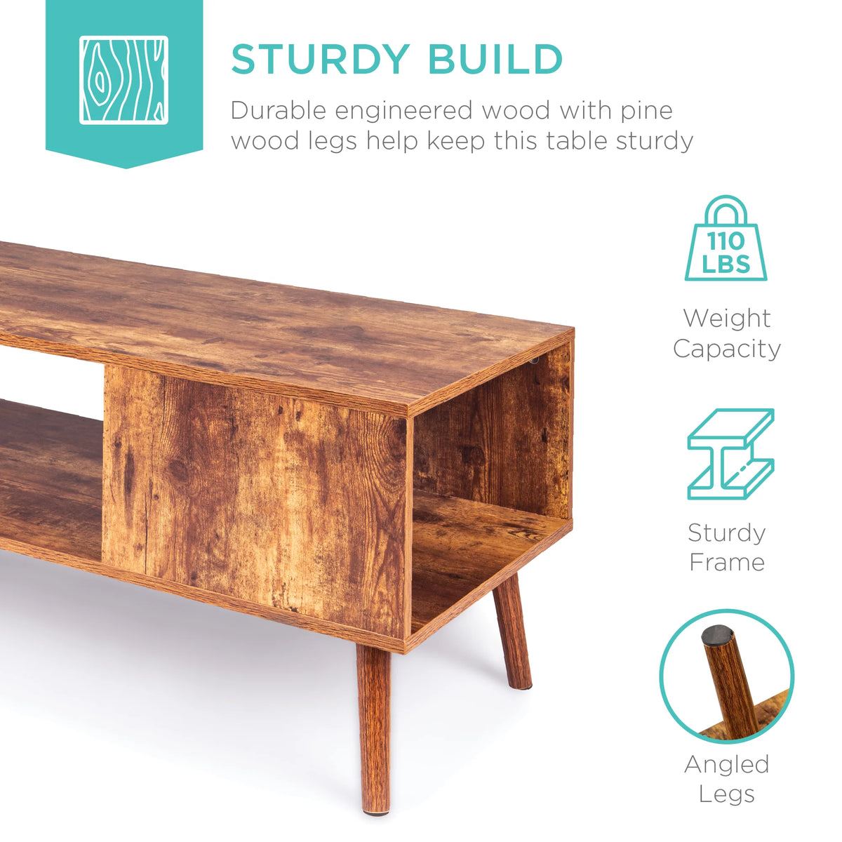 Wooden Mid-Century Modern Coffee Accent Table with Open Storage Shelf Brown T804