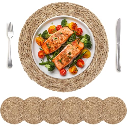 Set of 24 Round Woven Placemats 12 Inches Natural Hand-Woven Wicker Table Mats W428