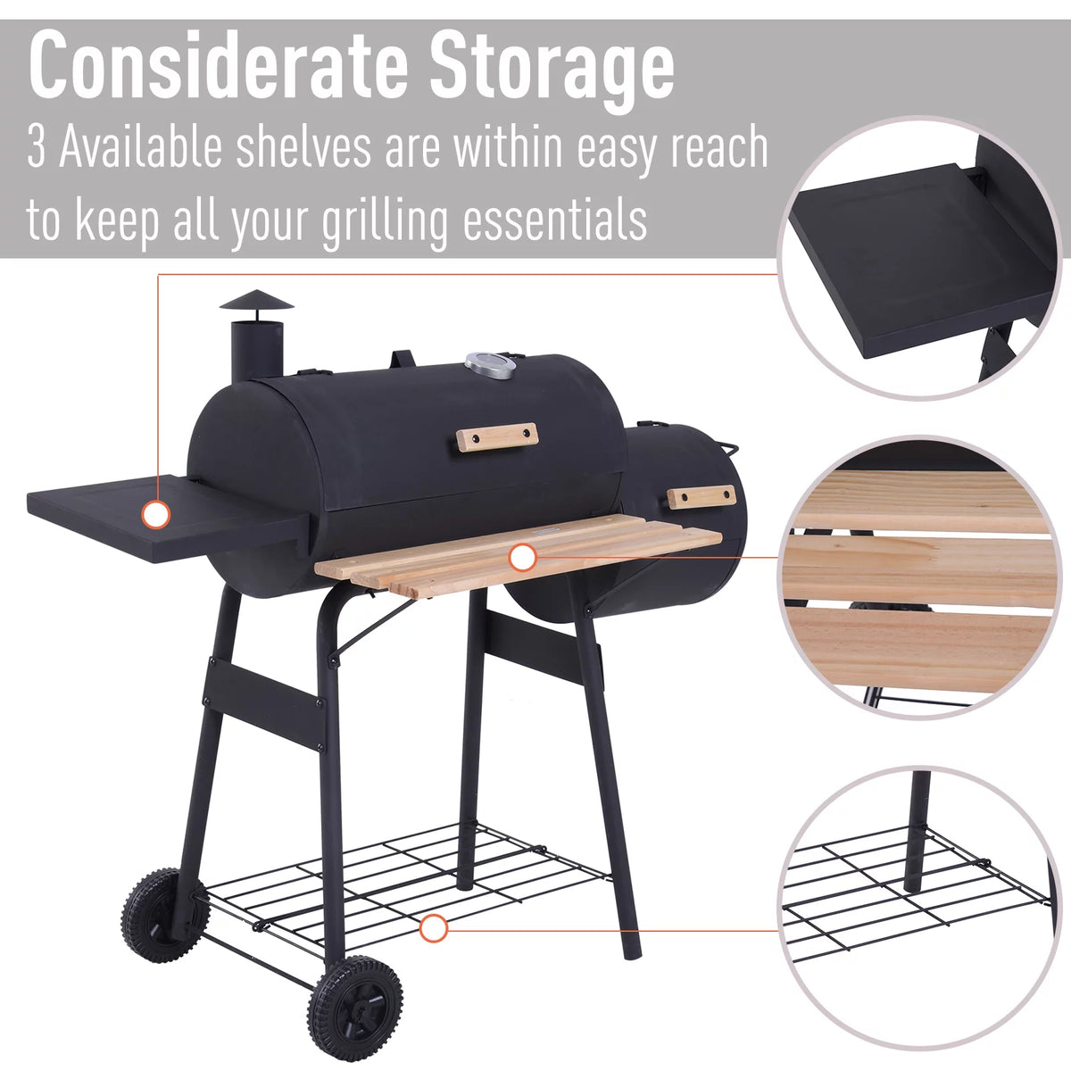 48" Steel Portable Charcoal BBQ Grill and Offset Smoker Combo with Wheels X9570