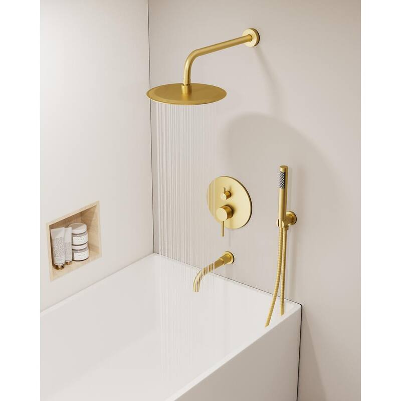 10 in. Wall Mount Shower Head and Tub Faucet 2.5 GPM Brushed Gold T866