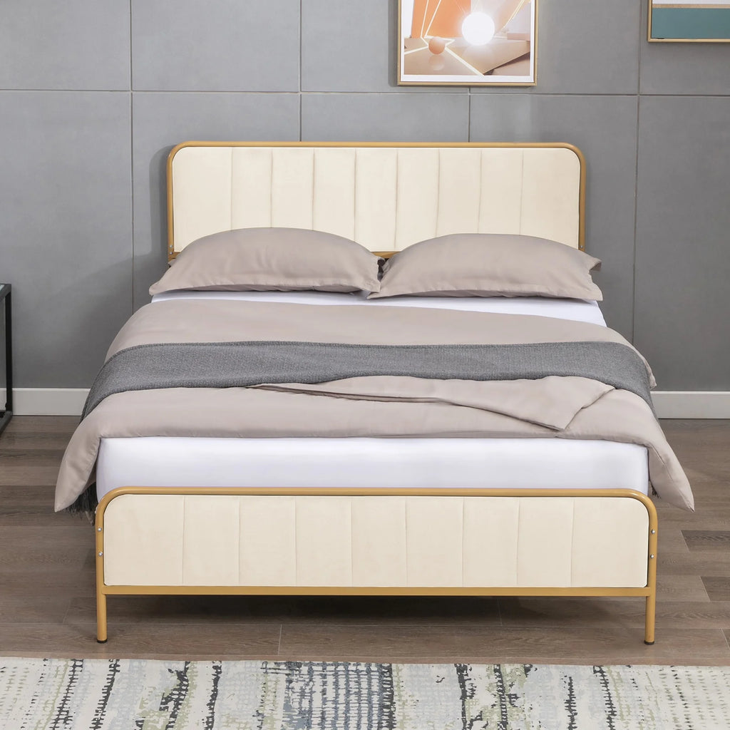 King Size Metal Platform Bed Frame with Dutch Velvet Headboard K357