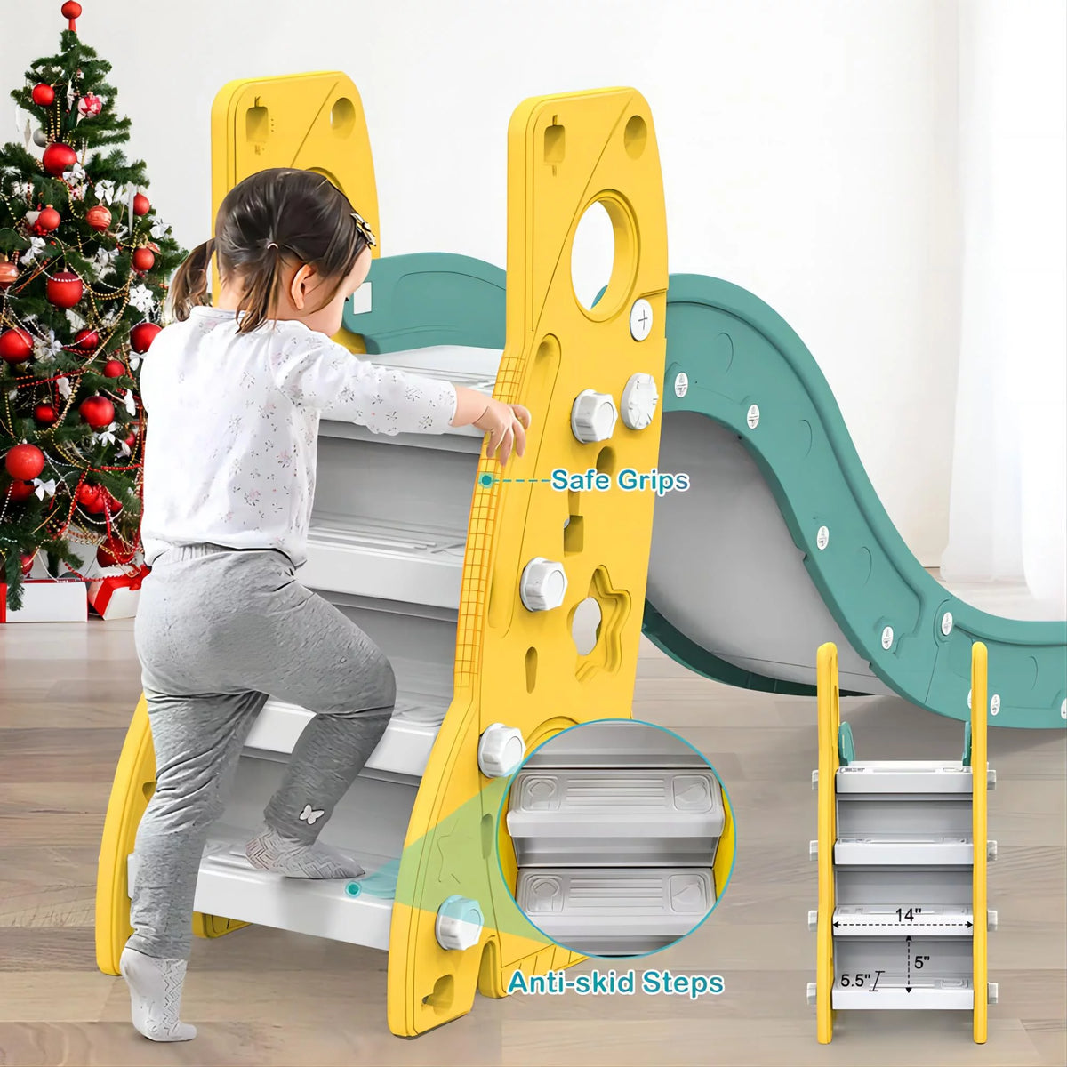 6 in 1 Toddler Slide and Swing Set with Basketball Hoop D531856