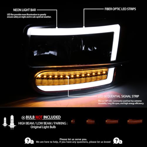 Compatible with 2000-2006 GMC Sierra Denali Black Smoke LED Tube Headlights + Sequential Bumper Lights Q282434